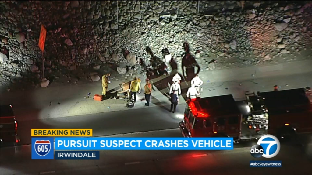 After a highspeed pursuit, the suspect crashes on the 605 Freeway in
