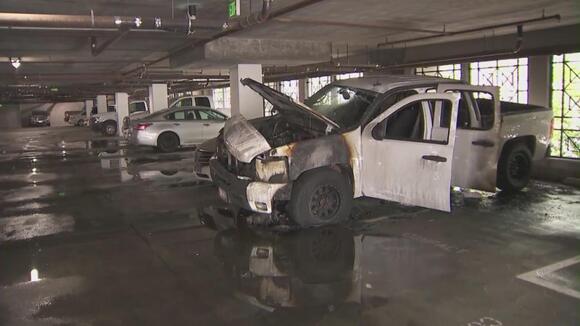 The aftermath of a truck fire inside a Long Beach apartment complex parking structure is seen on Sept. 5, 2023