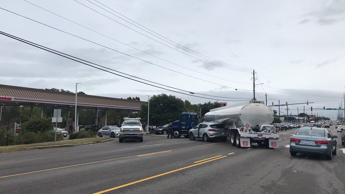 Car and tank truck crash on Carolina Beach Road