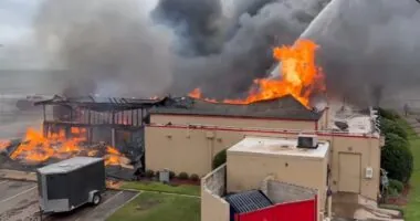 Denny's restaurant demolished after catching on fire amid high winds in Galveston, officials say