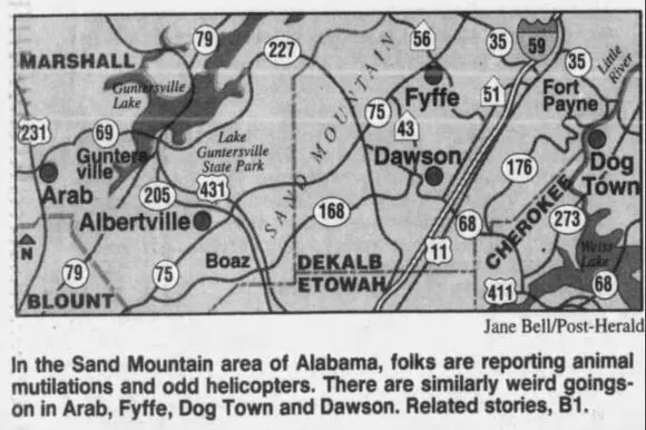 Cattle mutilation map, Birmingham Post-Herald, Birmingham, Alabama,