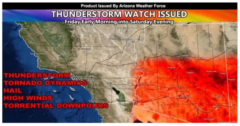 Meteorologists Issue Thunderstorm Watch for Central and Southern Half of Arizona from Friday to Saturday